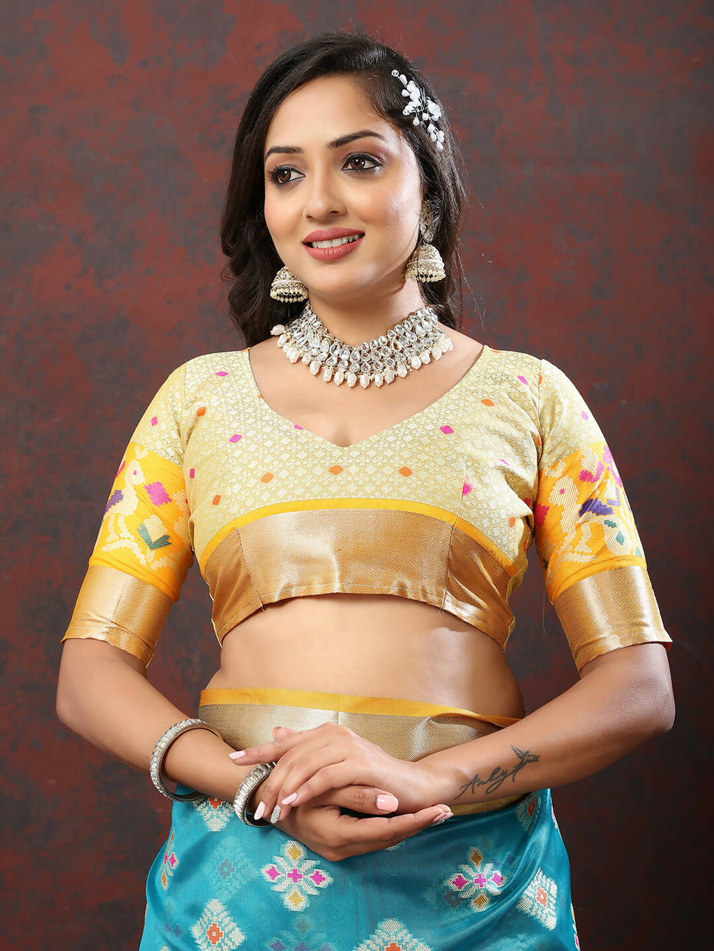 Lorenvalley Fashion Teal Organza Silk Woven Design with Meenakari Weaving Saree