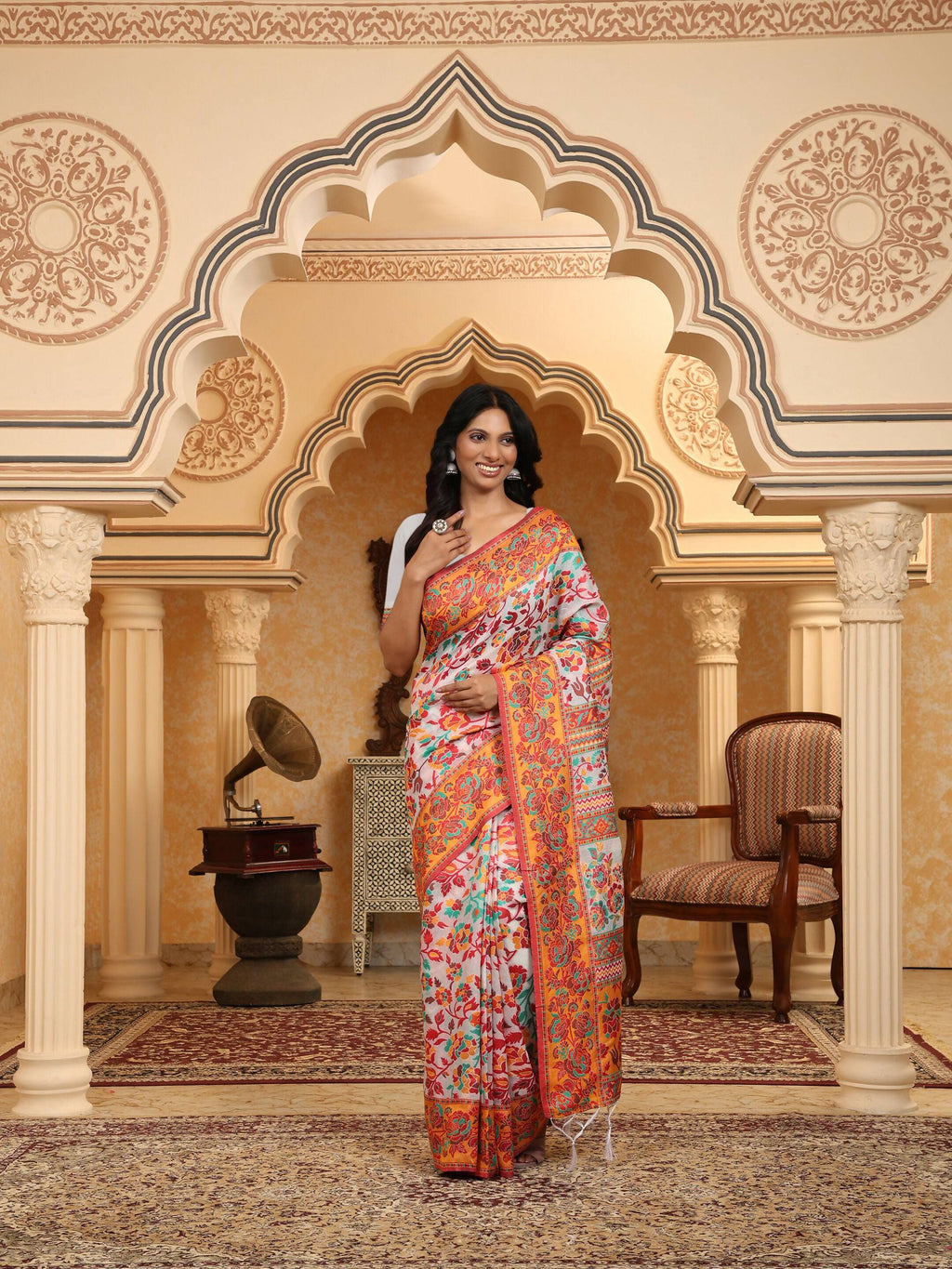 Multicolour Linen Cotton Woven Saree with Matching Blouse Piece