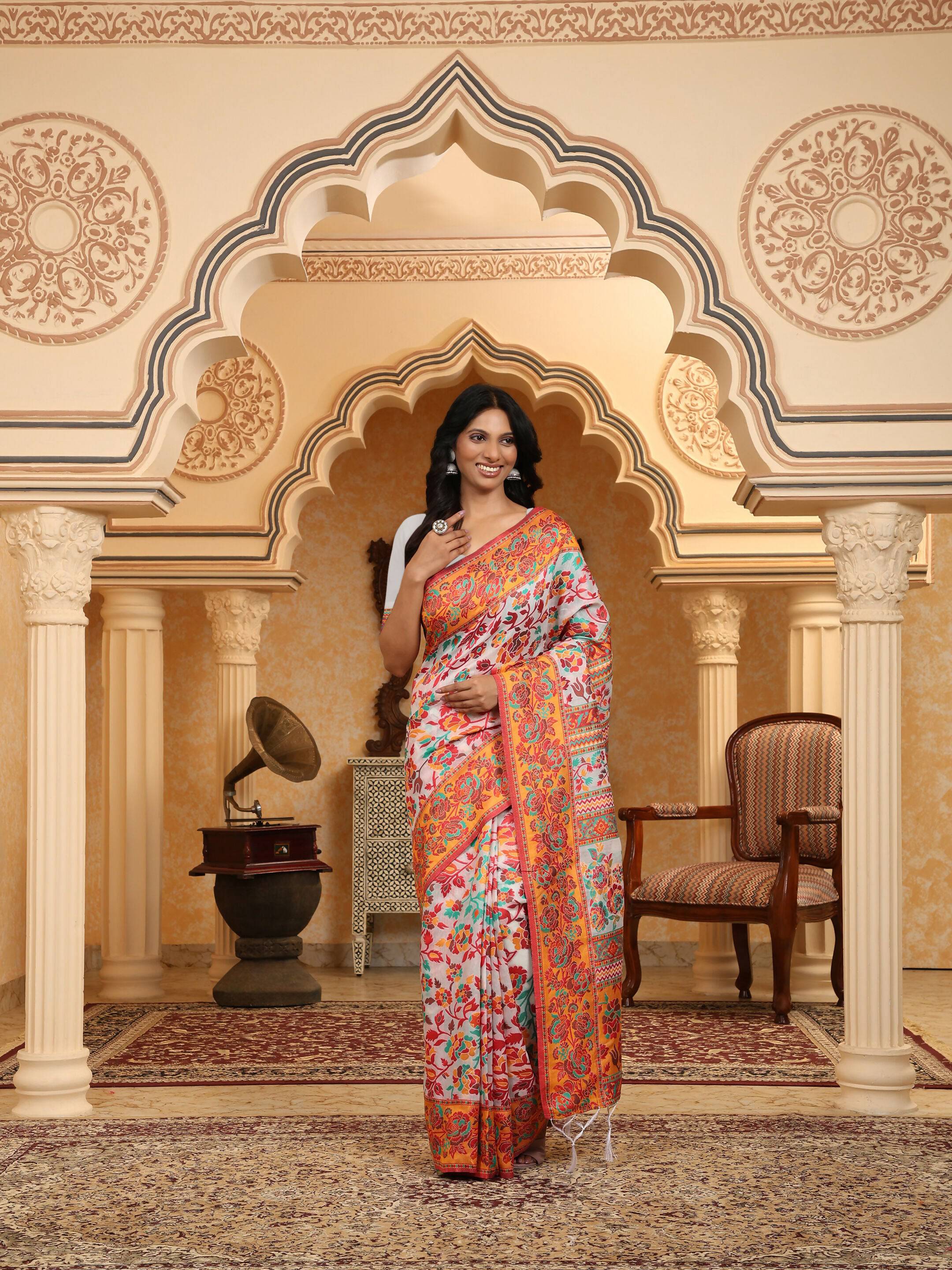 Multicolour Linen Cotton Woven Saree with Matching Blouse Piece