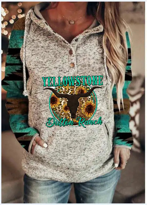 Women Grey Yellowstone Dutton Ranch Graphic Hooded Pullover Sweater - Image 26