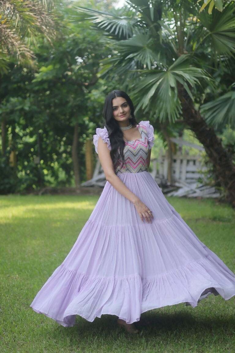 Women's Purple Sequins Thread Embroidery Faux Georgette Anarkali