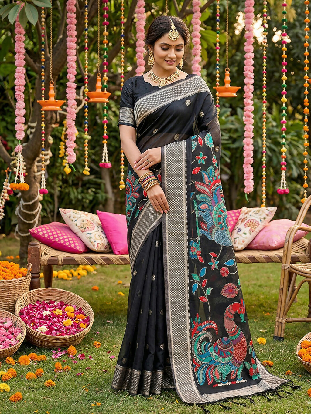 Black Linen Cotton Saree with Matching Blouse Piece