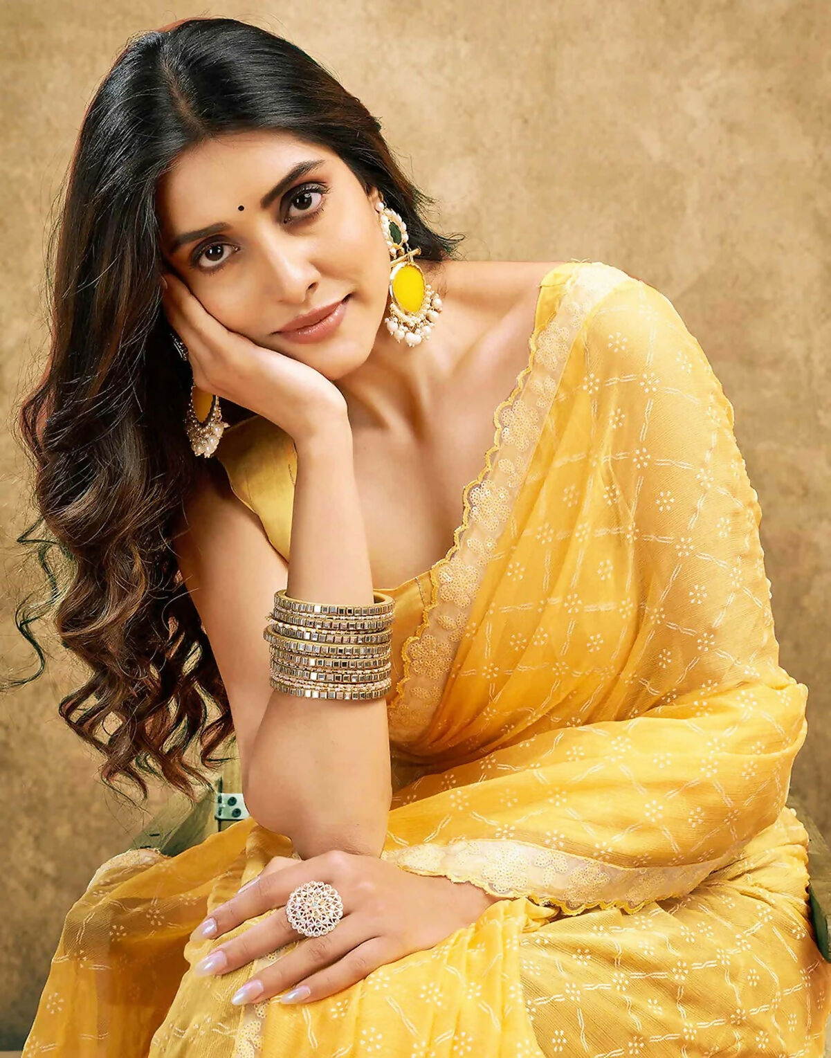 Light Yellow & White Printed Chiffon Saree with Lace Border