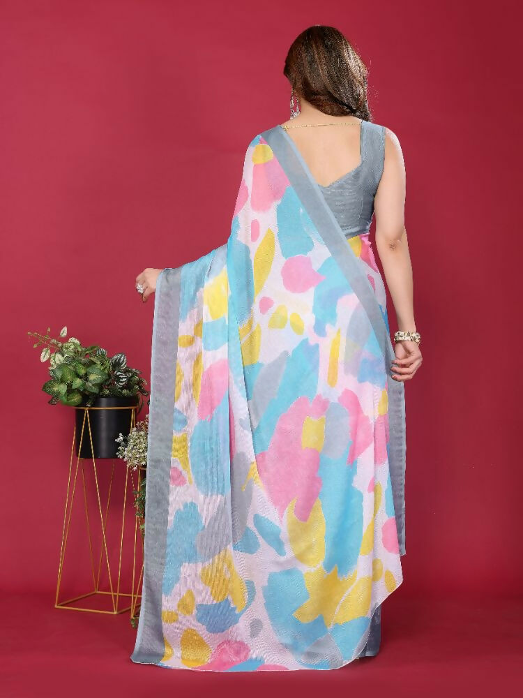 Grey Moss Chiffon Printed Saree with Matching Blouse