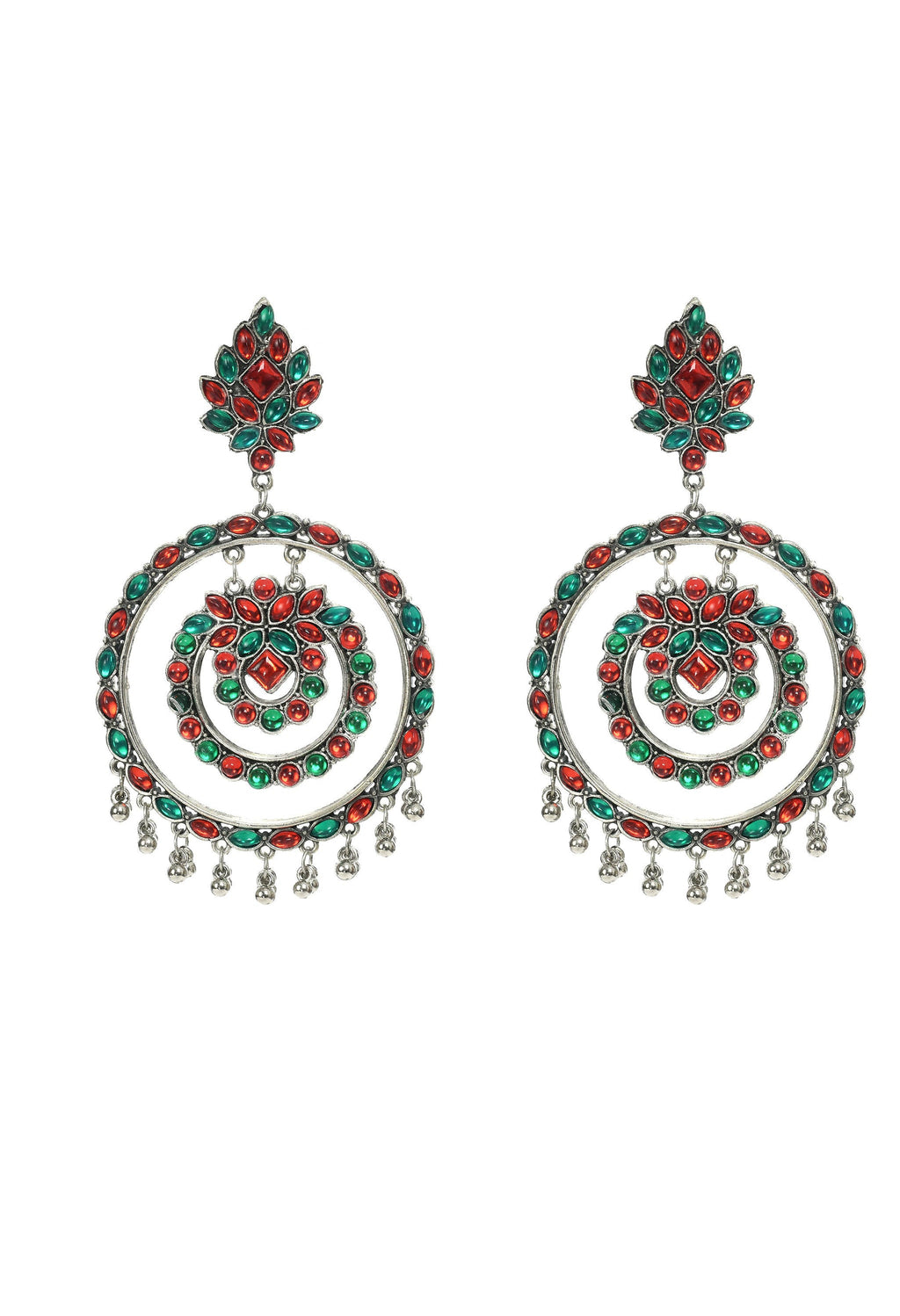 Elegant circular earrings with red and green Kundan stones for ethnic and party attire.