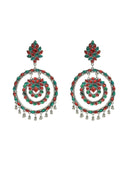 Elegant circular earrings with red and green Kundan stones for ethnic and party attire.