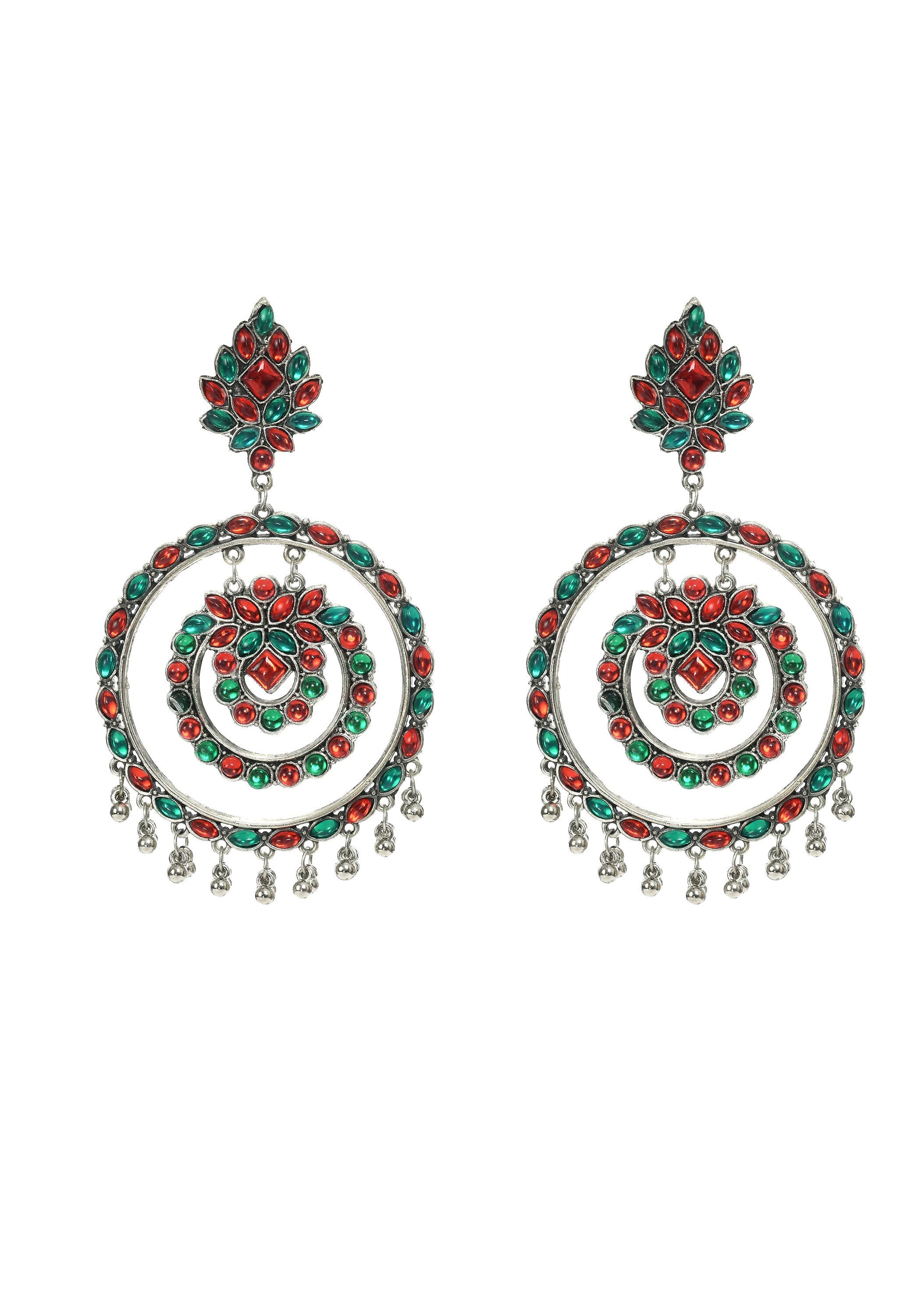 Elegant circular earrings with red and green Kundan stones for ethnic and party attire.