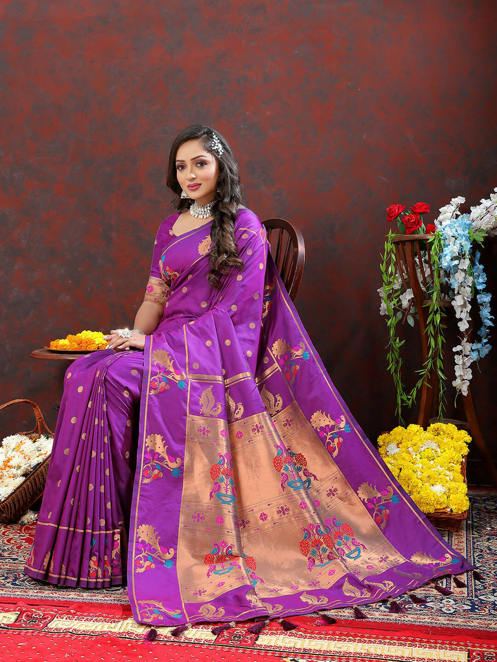 Lorenvalley Fashion Wine Soft Paithani Silk Woven Design Copper Zari Meenakari Weaving Saree