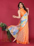Vibrant orange moss chiffon printed saree with matching blouse