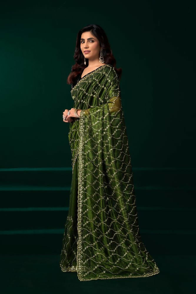 Green Net Party Wear Saree with Black Velvet Blouse