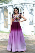 Women's wine sequins embroidered faux blooming floor length Anarkali dress