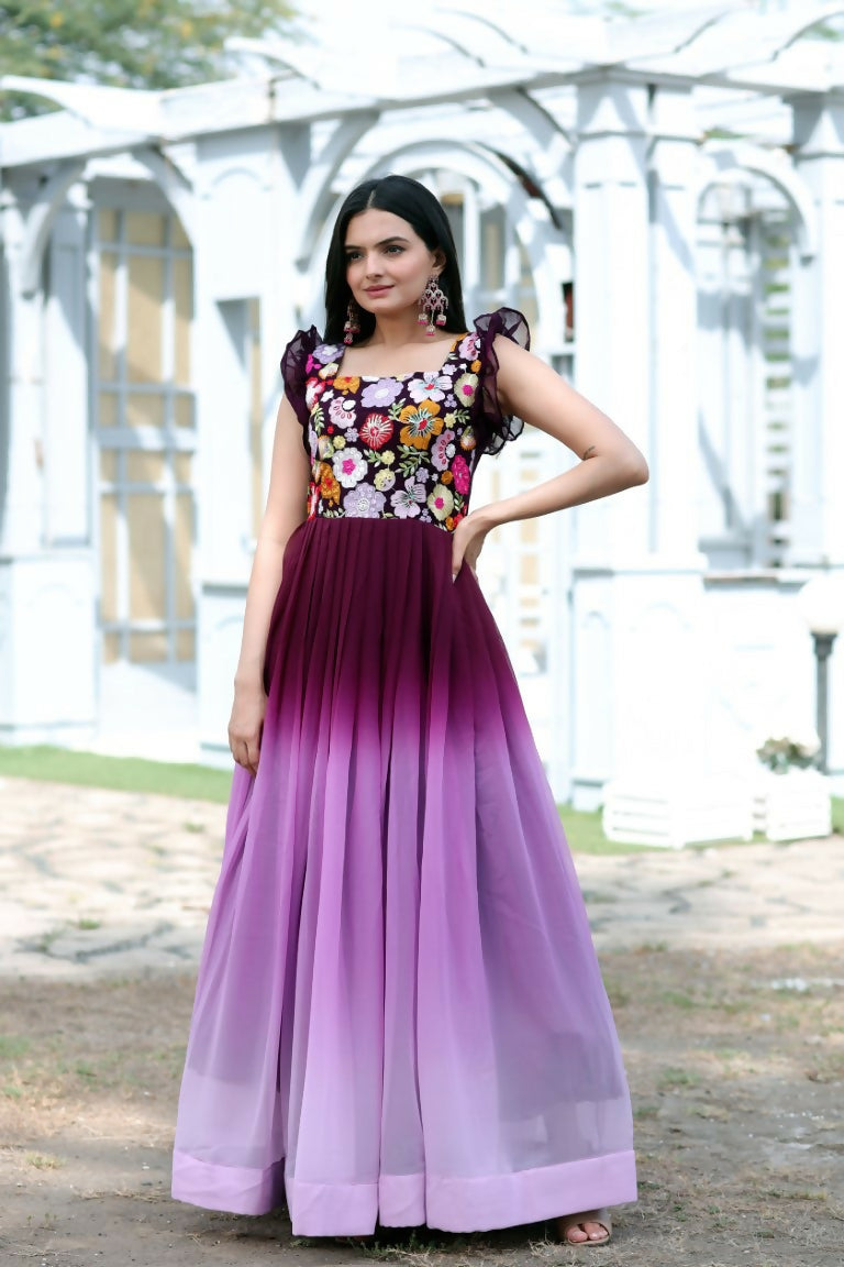 Women's wine sequins embroidered faux blooming floor length Anarkali dress