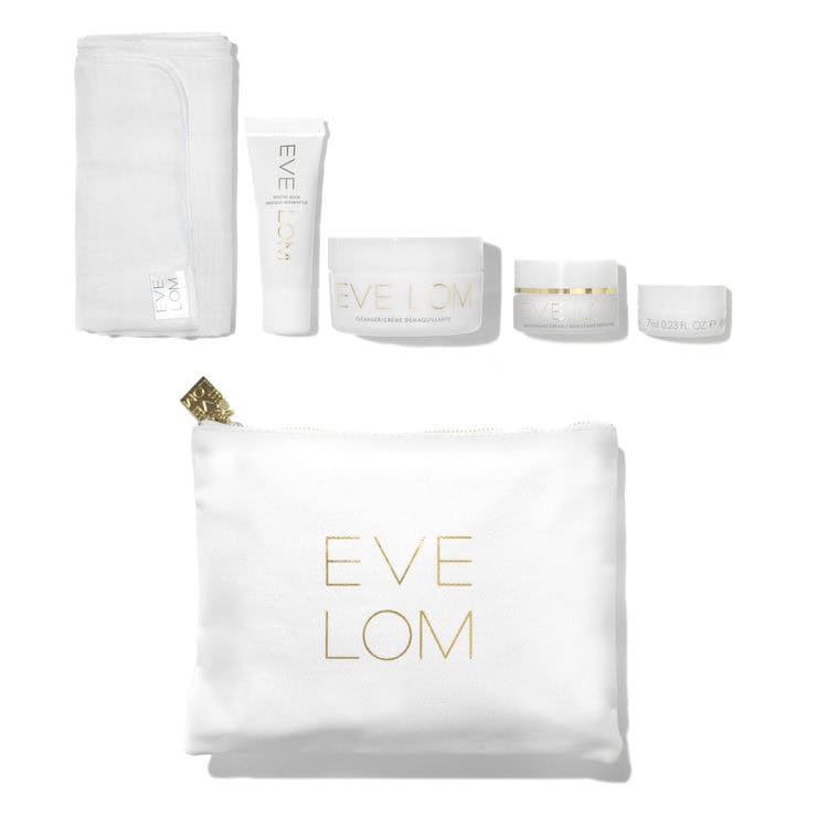 EVE LOM The Radiant Ritual set in white and gold minimalist luxury packaging