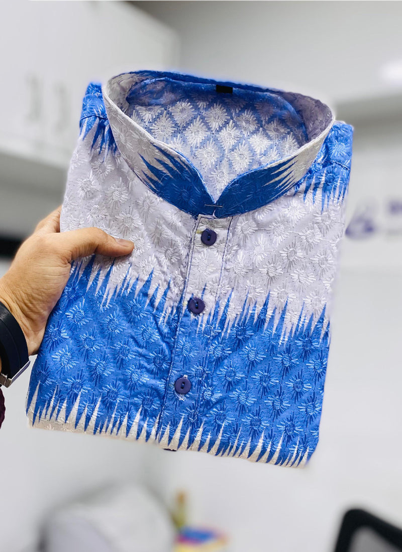 Blue Cotton Embroidered Shading Print Kurta for Men