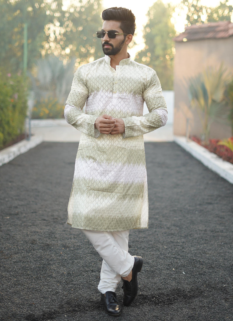 Men's Mahendi green cotton kurta with white geometric embroidery and shading print