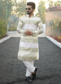 Men's Mahendi green cotton kurta with white geometric embroidery and shading print