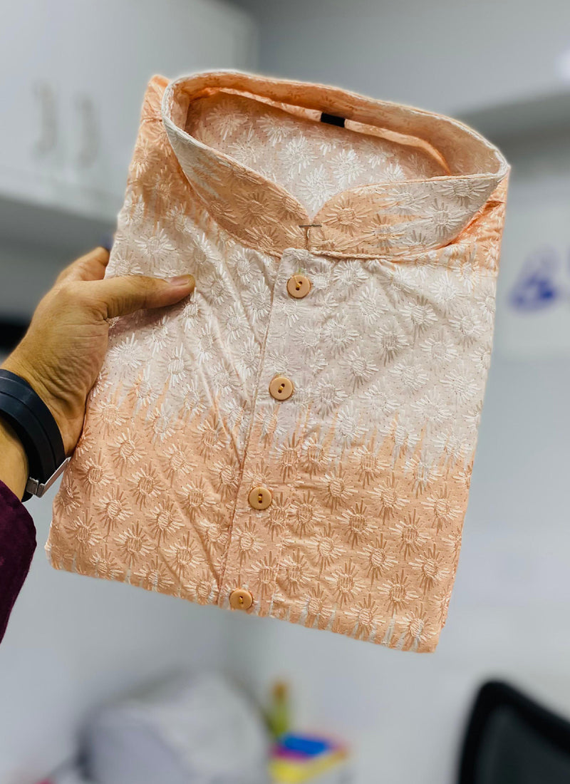 Light Orange Cotton Kurta with Intricate Embroidery Shading Print