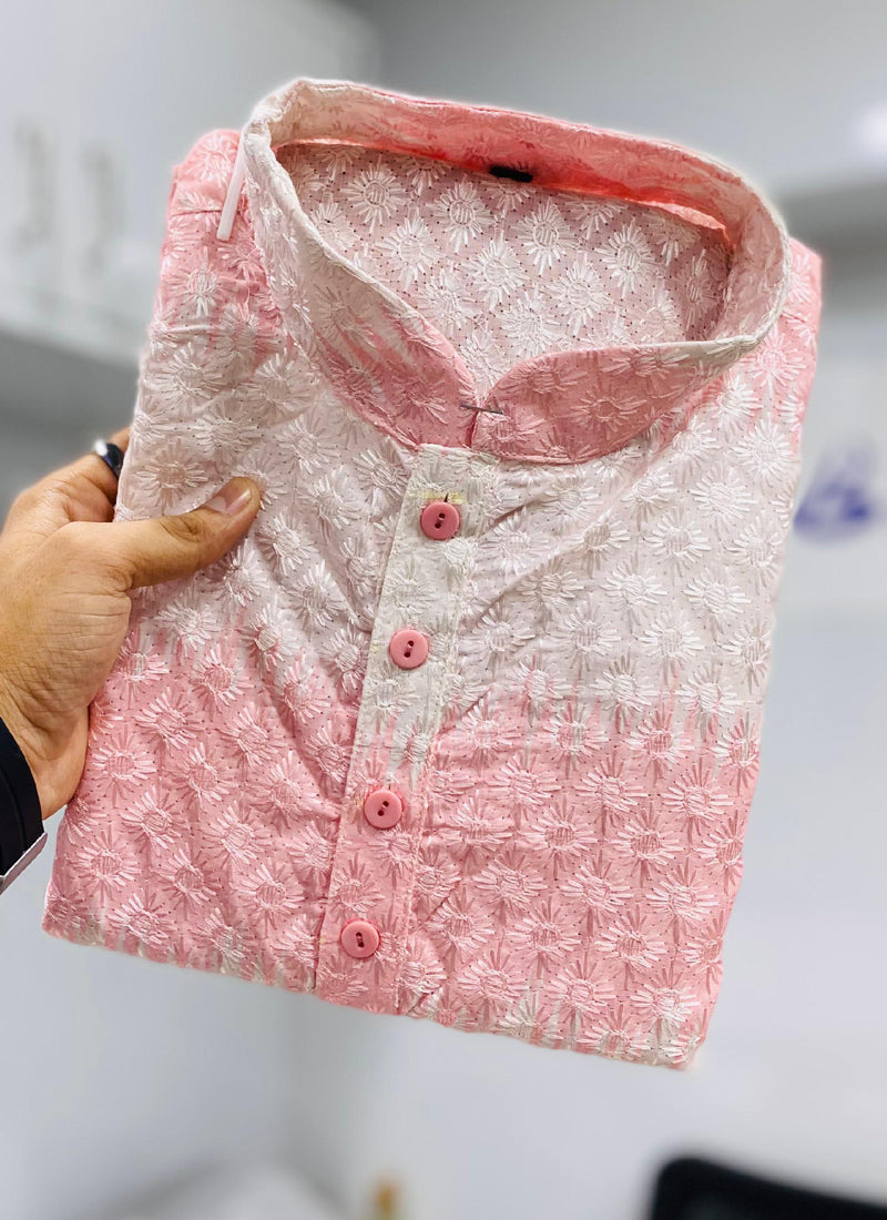 Light Pink Cotton Embroidered Kurta with Shading Print for Men