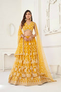 Mustard Yellow Butterfly Net lehenga choli with detailed white cotton thread and sequence embroidery