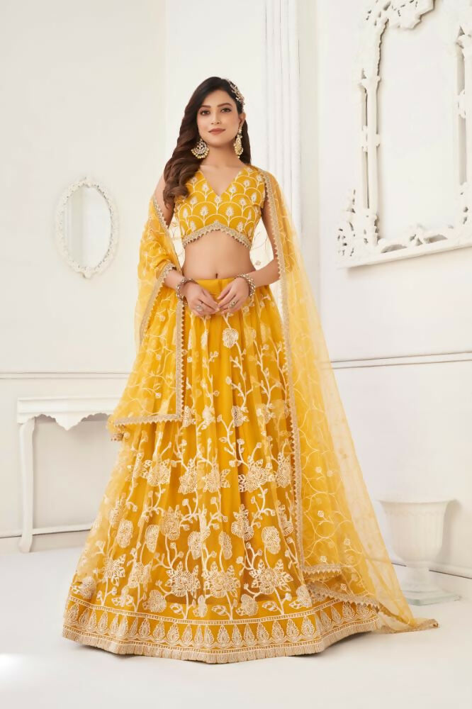 Mustard Yellow Butterfly Net lehenga choli with detailed white cotton thread and sequence embroidery