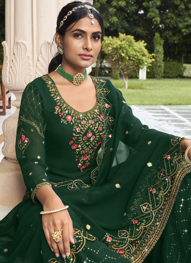 Green Georgette Embroidered Sharara Suit A-Line Designer Set