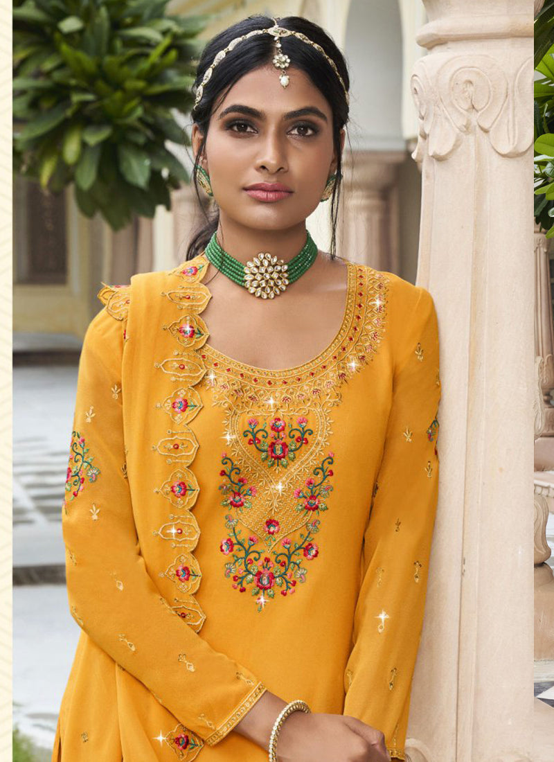 Yellow Georgette Embroidered Designer Sharara Suit Set