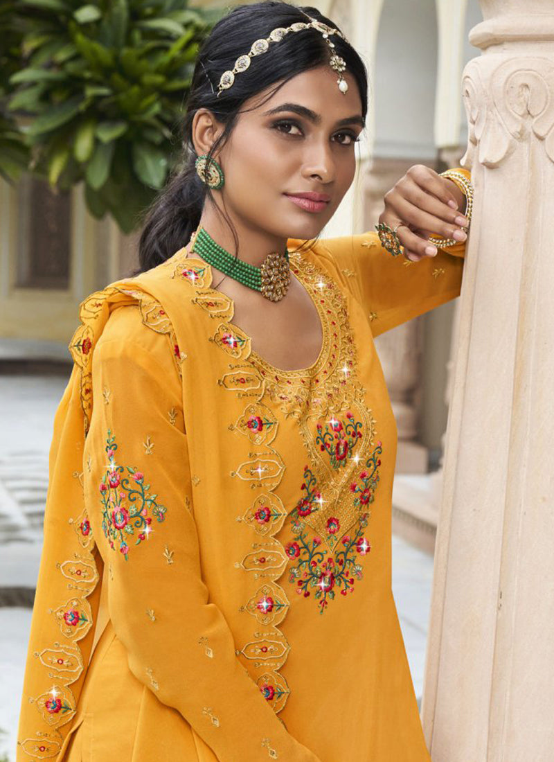 Yellow Georgette Embroidered Designer Sharara Suit Set