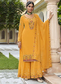 Yellow Georgette embroidered designer sharara suit with A-line kurta