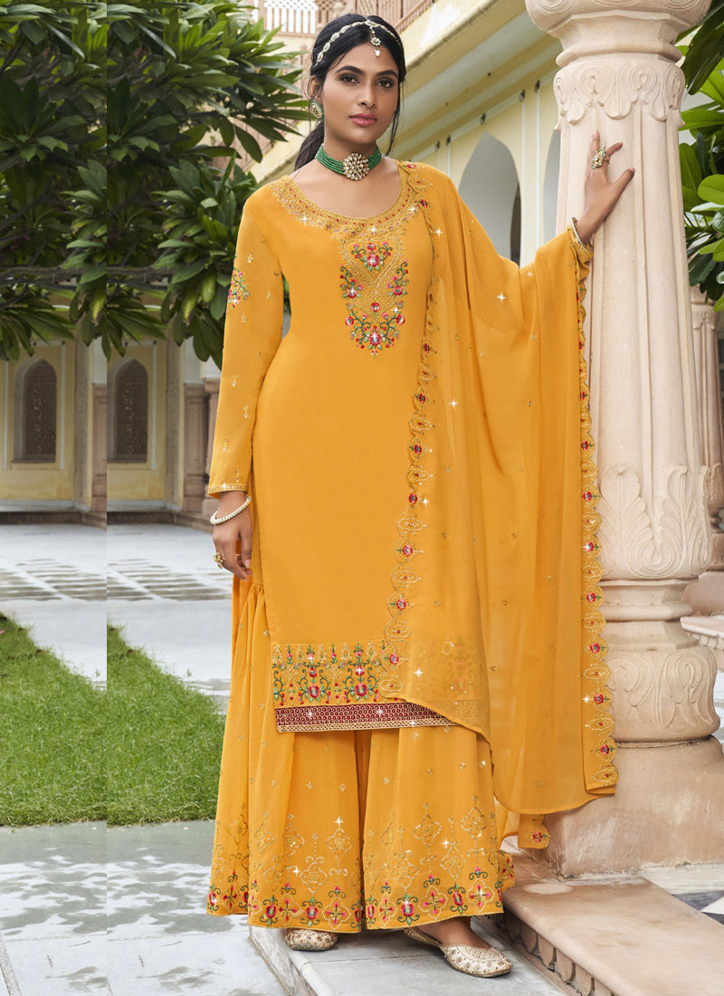 Yellow Georgette embroidered designer sharara suit with A-line kurta
