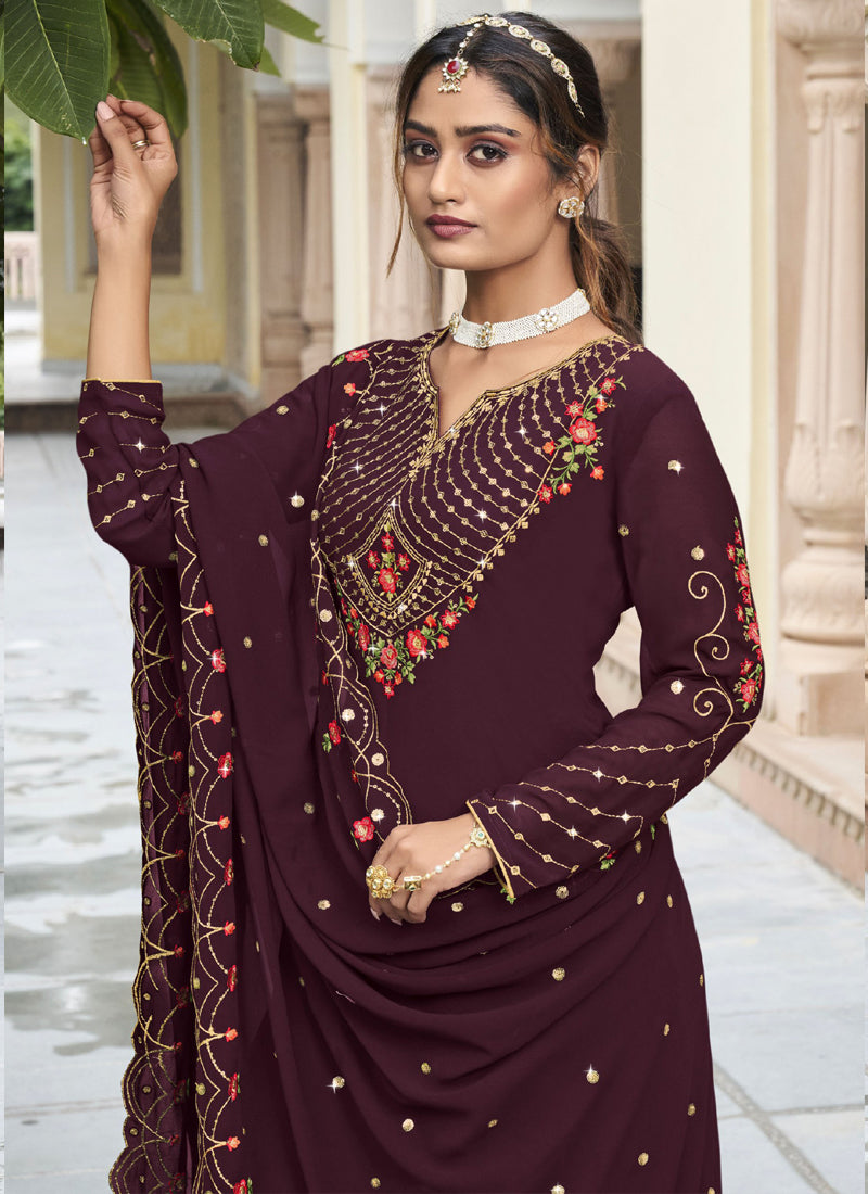 Violet Gold Floral Embroidery A-Line Sharara Suit Set
