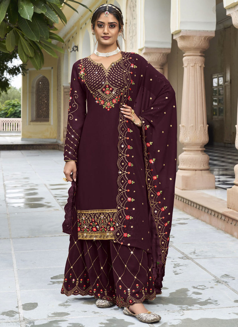 Violet and gold floral embroidered sharara suit for festive occasions