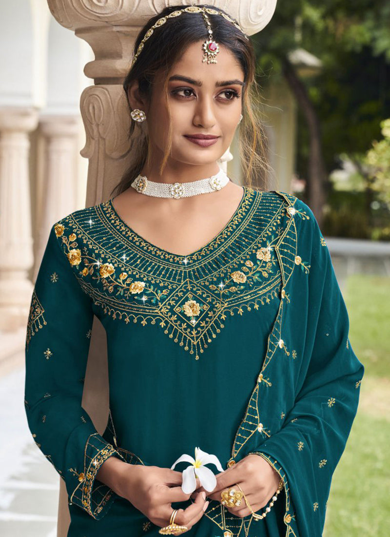 Teal Georgette Embroidery A-Line Sharara Suit