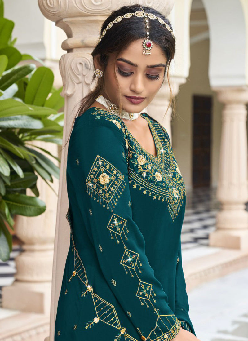 Teal Georgette Embroidery A-Line Sharara Suit