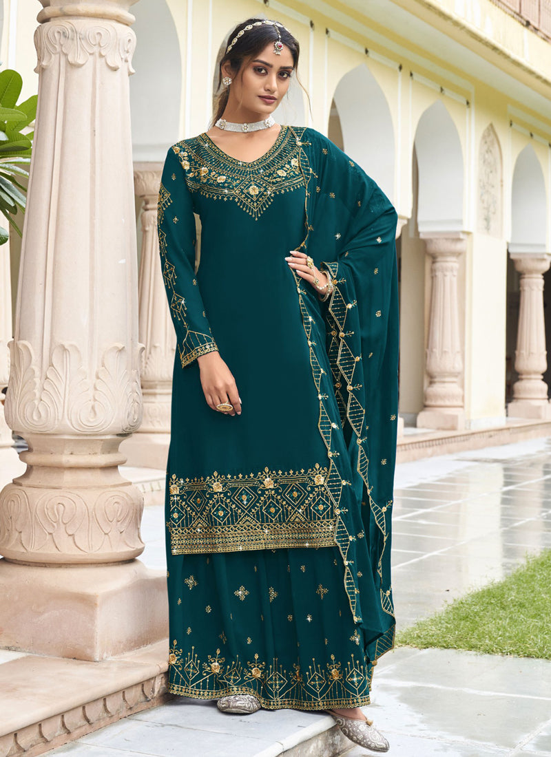 Teal Georgette A-Line Sharara Suit with detailed embroidery