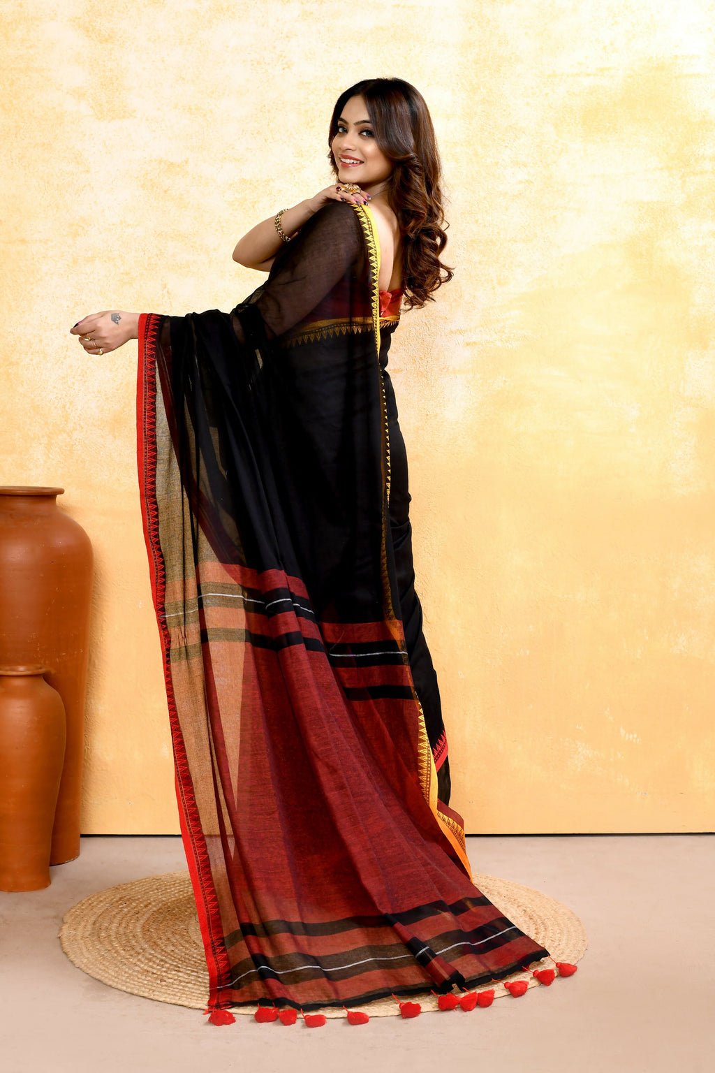 Black Handloom Cotton Saree with Elegant Embellishments