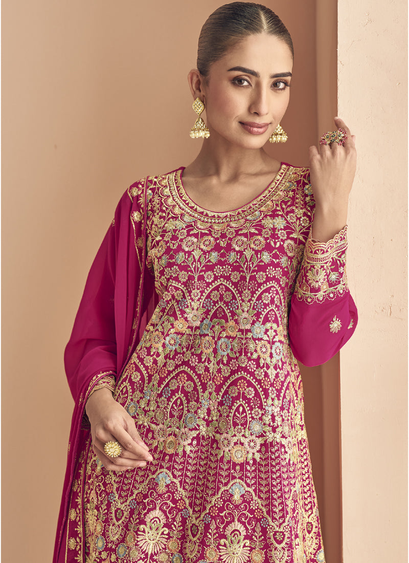 Pink Georgette Embroidered Designer Palazzo Suit Set