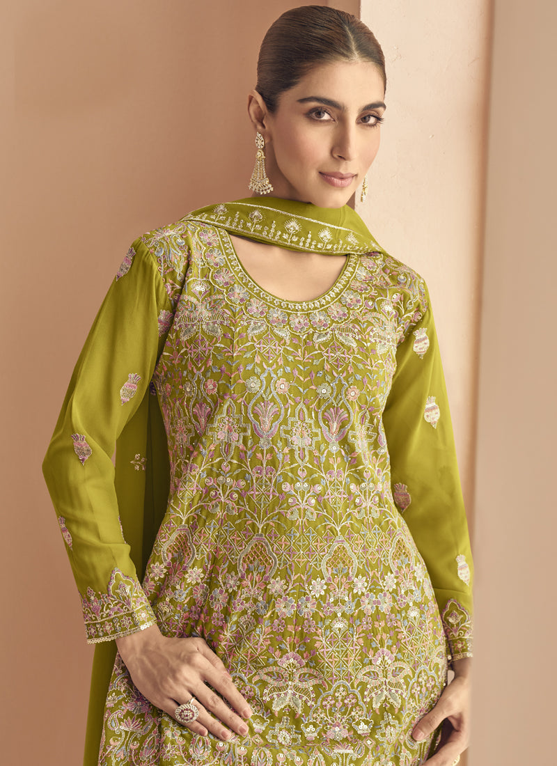 Mehendi Green Georgette Embroidered Palazzo Suit for Wedding