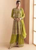 Mehendi green georgette palazzo suit with floral embroidery and gota patti work
