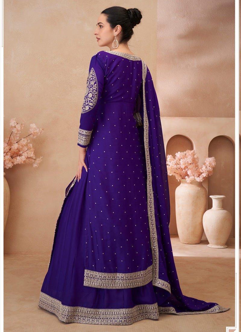 Violet Real Chinon Silk Embroidered Lehenga Style Suit