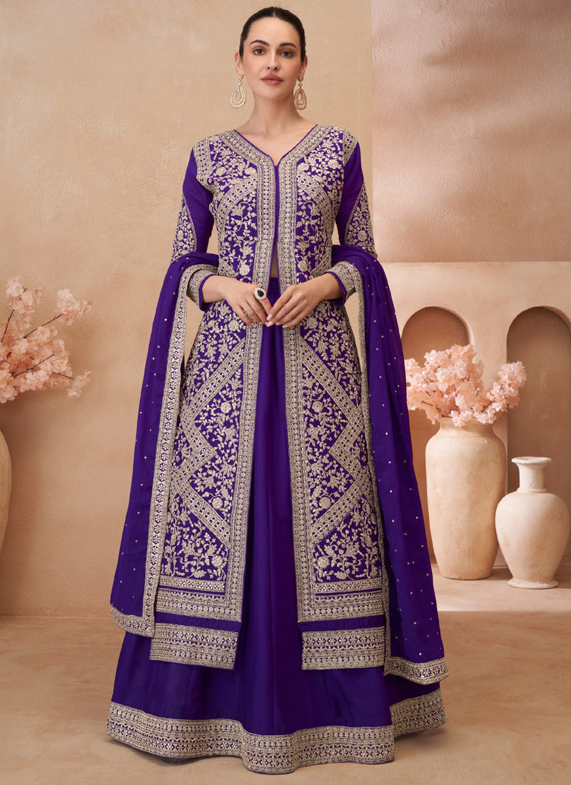 Violet Real Chinon silk embroidered lehenga style suit with dupatta