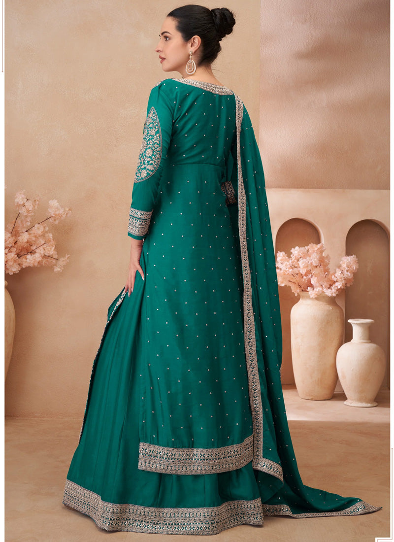 Vegaa Fashion Teal Green Real Chinon Silk Embroidered Lehenga Style Suit