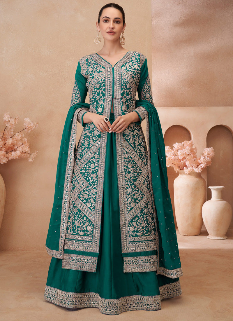 Vegaa Fashion Teal Green Real Chinon Silk Embroidered Lehenga Style Suit