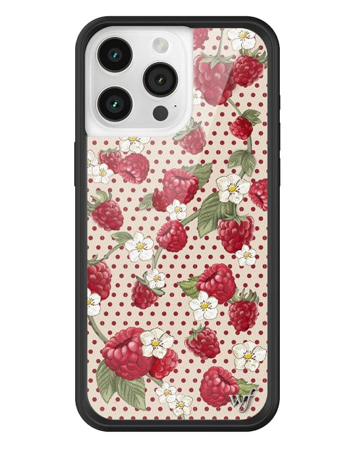 Raspberry and white floral patterned iPhone case with black bumper and silver logo emblem.