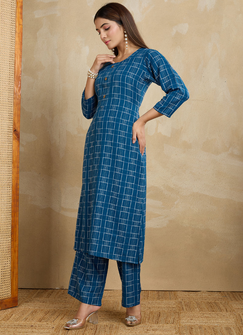 Blue Printed Cotton Blend Kurta Pant Set