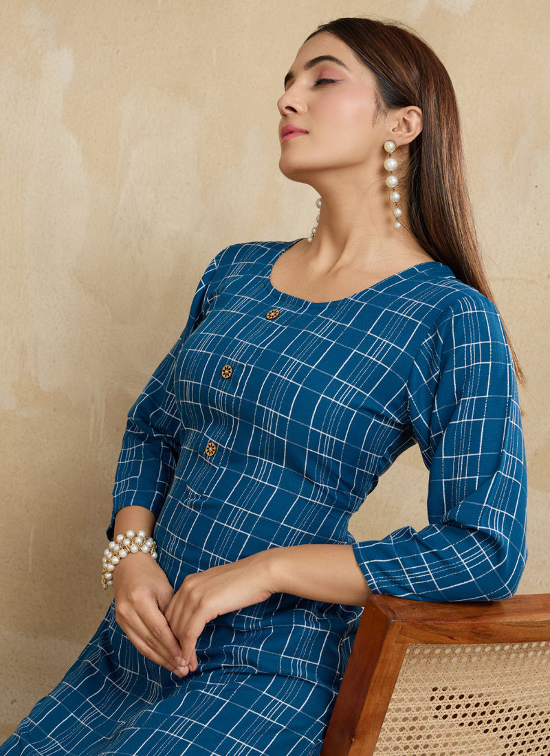 Blue Printed Cotton Blend Kurta Pant Set