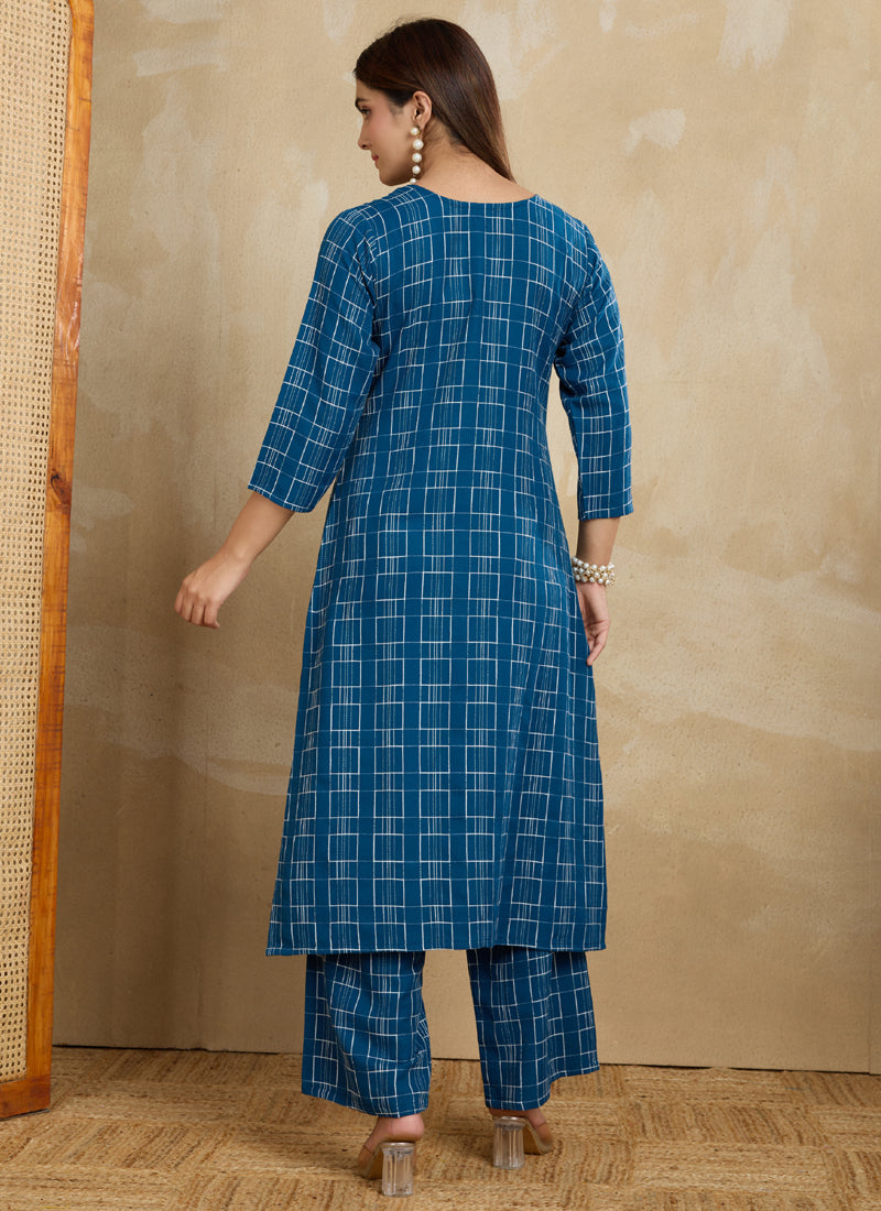Blue Printed Cotton Blend Kurta Pant Set