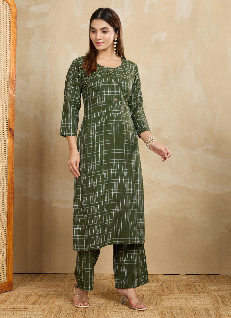 Green Printed Cotton Blend Kurta Pant Set for Women