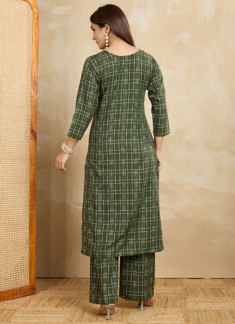 Green Printed Cotton Blend Kurta Pant Set for Women