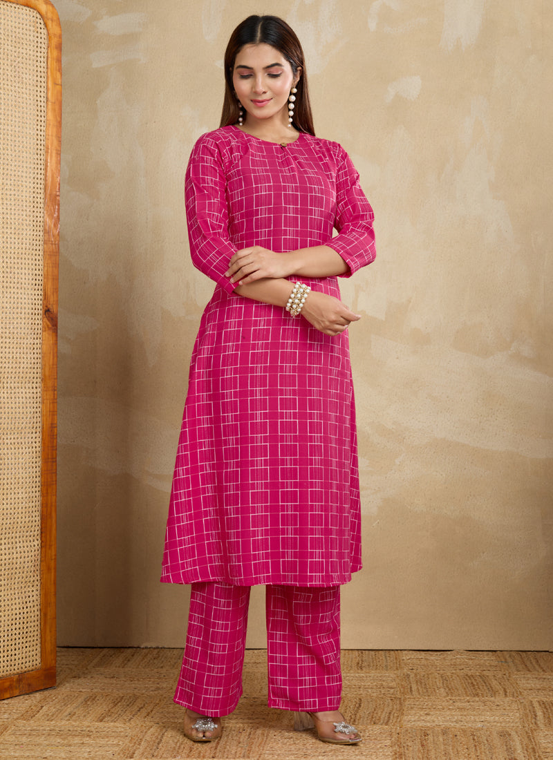 Pink Printed Cotton Blend Kurta Pant Set for Women