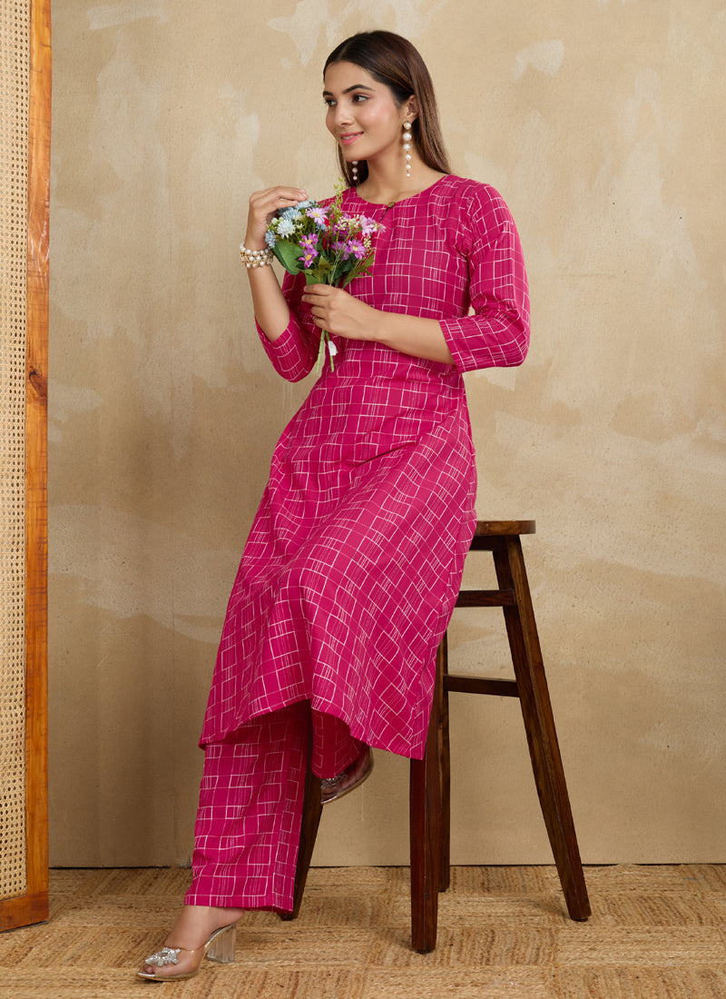 Pink Printed Cotton Blend Kurta Pant Set for Women